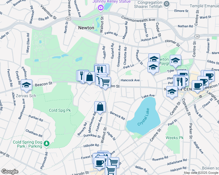 map of restaurants, bars, coffee shops, grocery stores, and more near 1062 Beacon Street in Newton