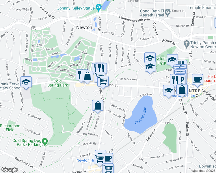 map of restaurants, bars, coffee shops, grocery stores, and more near 1056 Beacon Street in Newton