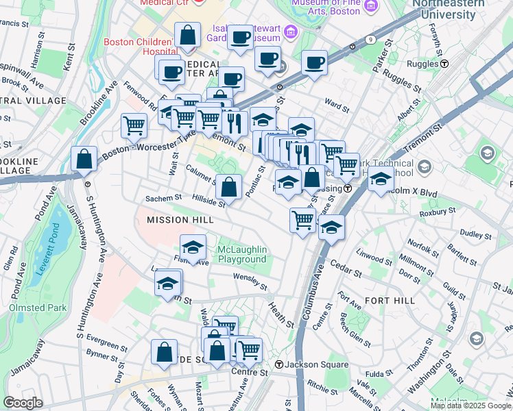 map of restaurants, bars, coffee shops, grocery stores, and more near 34 Cherokee Street in Boston