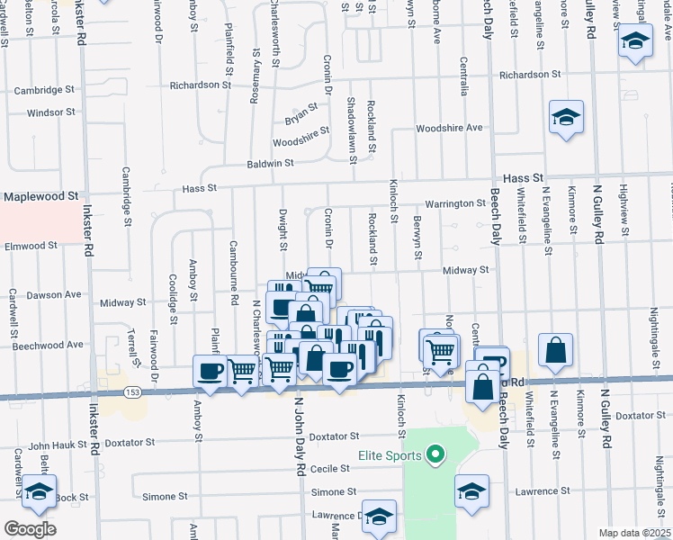 map of restaurants, bars, coffee shops, grocery stores, and more near 26429 Midway Street in Dearborn Heights