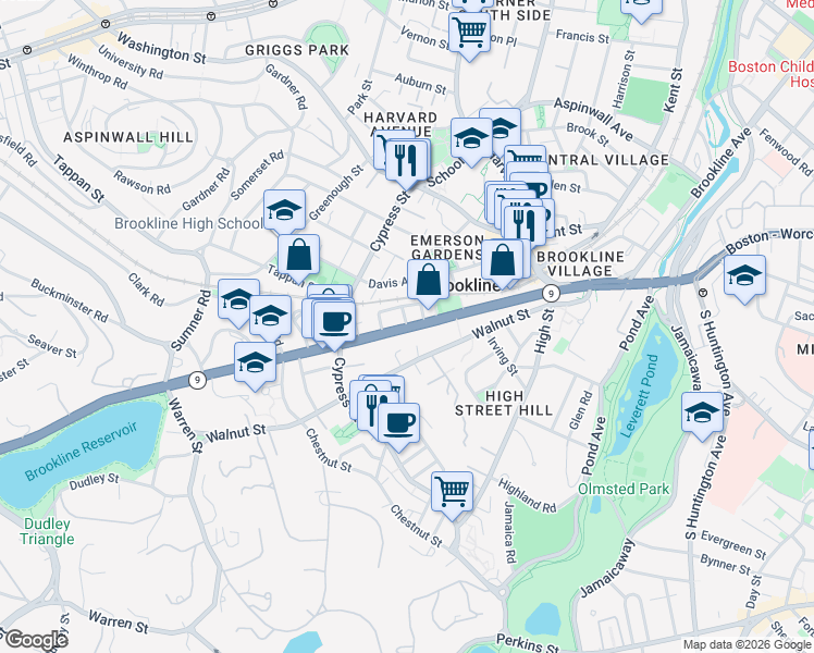 map of restaurants, bars, coffee shops, grocery stores, and more near 270 Boylston Street in Brookline