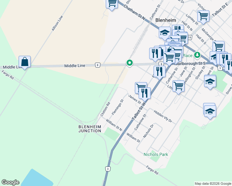 map of restaurants, bars, coffee shops, grocery stores, and more near 36 Chittim Road in Blenheim