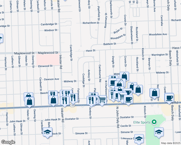 map of restaurants, bars, coffee shops, grocery stores, and more near 6037 Amboy Street in Dearborn Heights