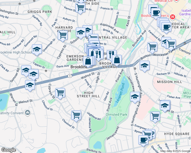 map of restaurants, bars, coffee shops, grocery stores, and more near 44 High Street in Brookline