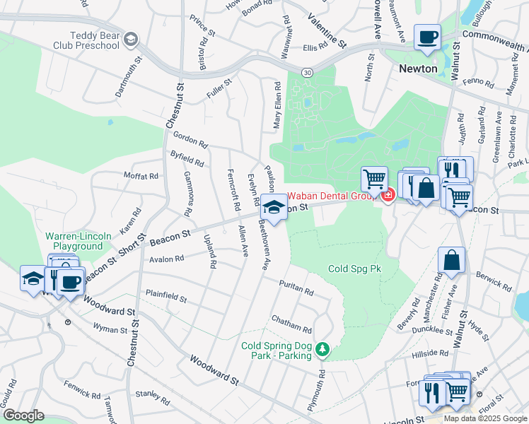 map of restaurants, bars, coffee shops, grocery stores, and more near 1338 Beacon Street in Newton