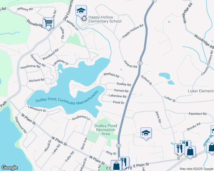 map of restaurants, bars, coffee shops, grocery stores, and more near 25 Crest Road in Wayland