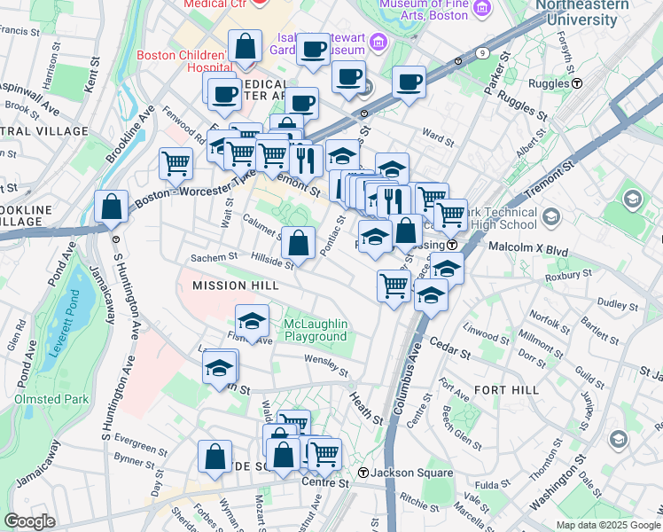 map of restaurants, bars, coffee shops, grocery stores, and more near 36 Cherokee Street in Boston
