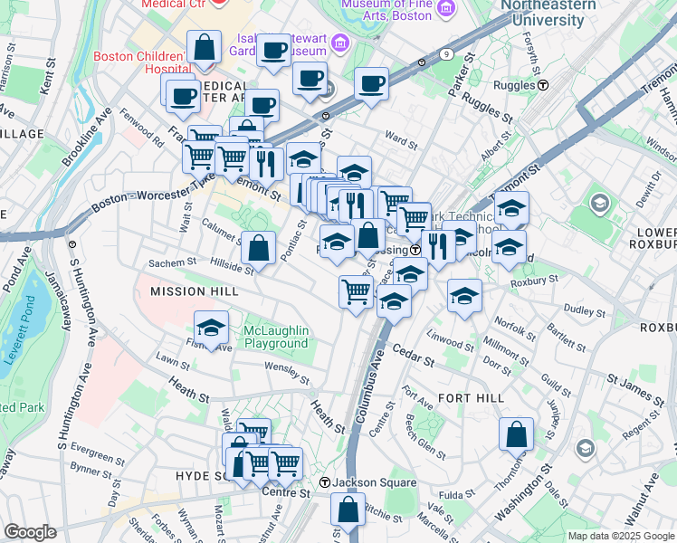 map of restaurants, bars, coffee shops, grocery stores, and more near 67 Alleghany Street in Boston