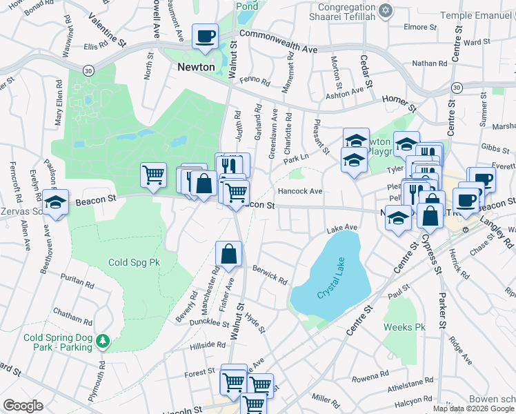 map of restaurants, bars, coffee shops, grocery stores, and more near 62 Pine Crest Road in Newton