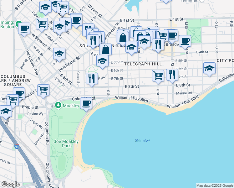 map of restaurants, bars, coffee shops, grocery stores, and more near 1424 Columbia Road in Boston