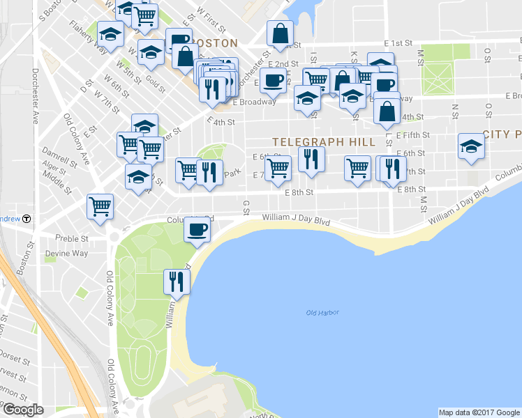map of restaurants, bars, coffee shops, grocery stores, and more near 1424 Columbia Road in Boston
