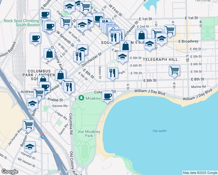 map of restaurants, bars, coffee shops, grocery stores, and more near 1280 Columbia Road in Boston