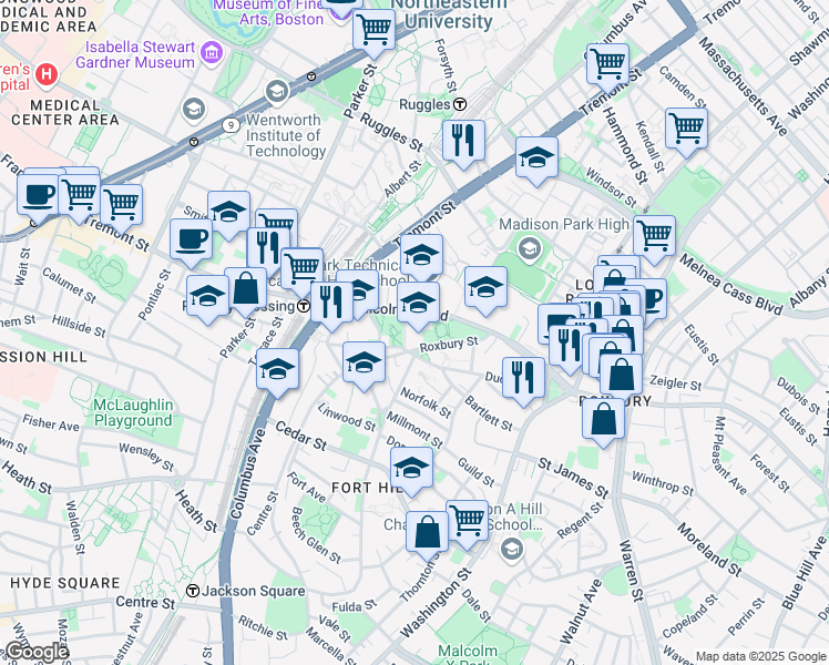 map of restaurants, bars, coffee shops, grocery stores, and more near 42B Centre Street in Boston
