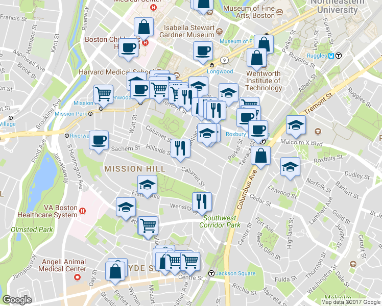 map of restaurants, bars, coffee shops, grocery stores, and more near 60 Hillside Street in Boston