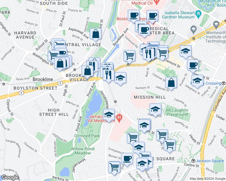 map of restaurants, bars, coffee shops, grocery stores, and more near in Boston