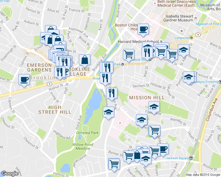map of restaurants, bars, coffee shops, grocery stores, and more near 70 Jamaicaway in Boston