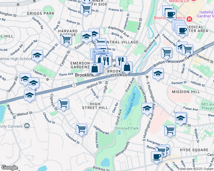 map of restaurants, bars, coffee shops, grocery stores, and more near 44 High Street in Brookline