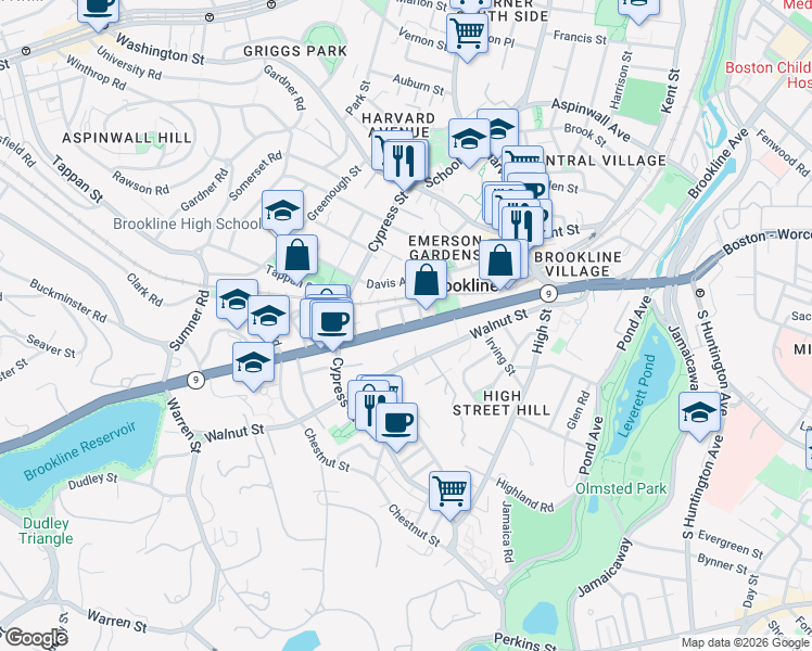 map of restaurants, bars, coffee shops, grocery stores, and more near 270 Boylston Street in Brookline