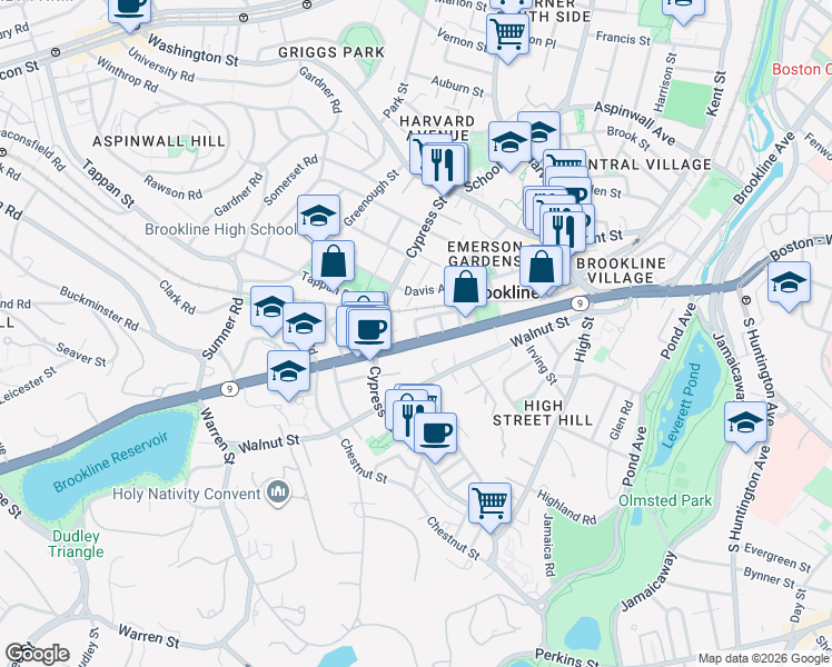 map of restaurants, bars, coffee shops, grocery stores, and more near 270 Boylston Street in Brookline