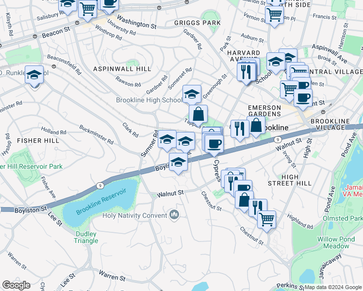 map of restaurants, bars, coffee shops, grocery stores, and more near in Brookline
