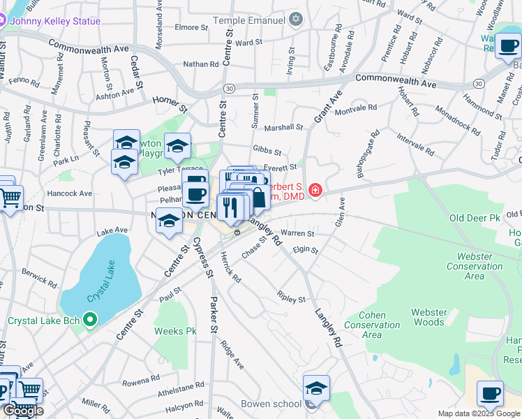 map of restaurants, bars, coffee shops, grocery stores, and more near 755 Beacon Street in Newton