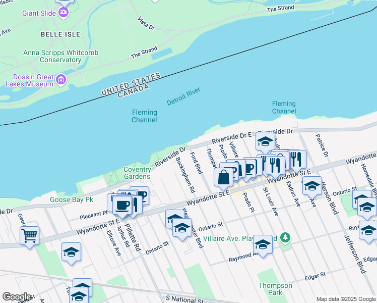 map of restaurants, bars, coffee shops, grocery stores, and more near 224 Ford Boulevard in Windsor
