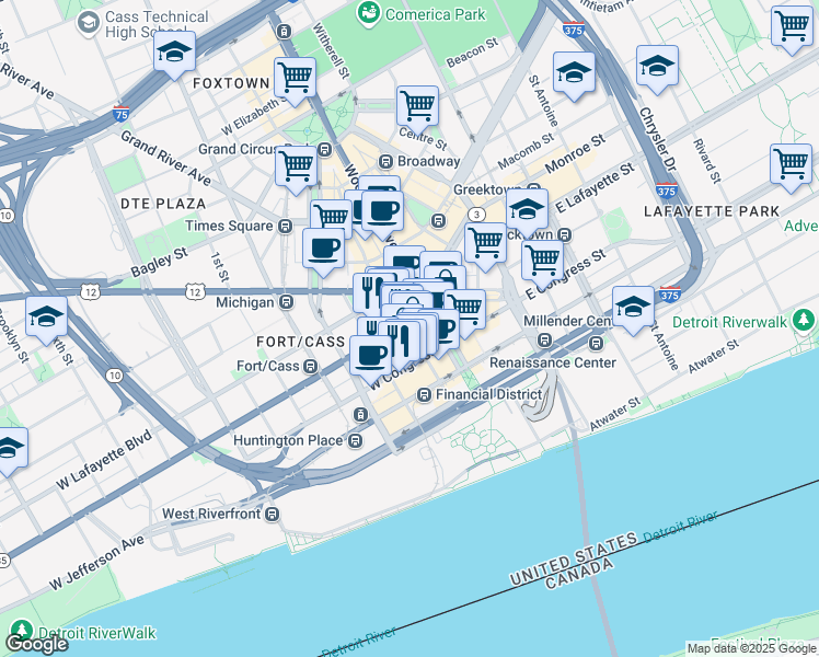 map of restaurants, bars, coffee shops, grocery stores, and more near 719 Griswold Street in Detroit