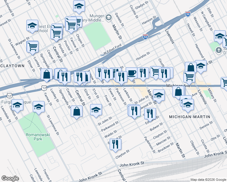 map of restaurants, bars, coffee shops, grocery stores, and more near 4416 Ewers Street in Detroit