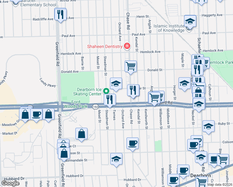 map of restaurants, bars, coffee shops, grocery stores, and more near in Dearborn