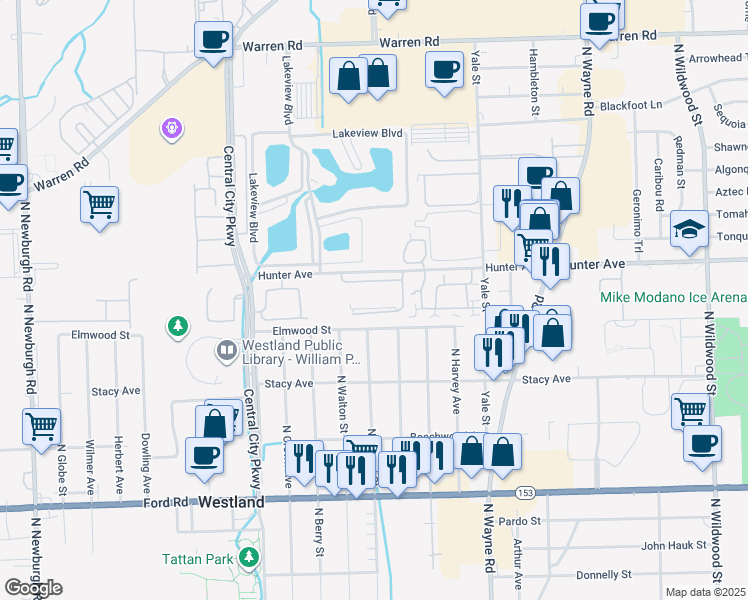 map of restaurants, bars, coffee shops, grocery stores, and more near 35881 Castlewood Court in Westland