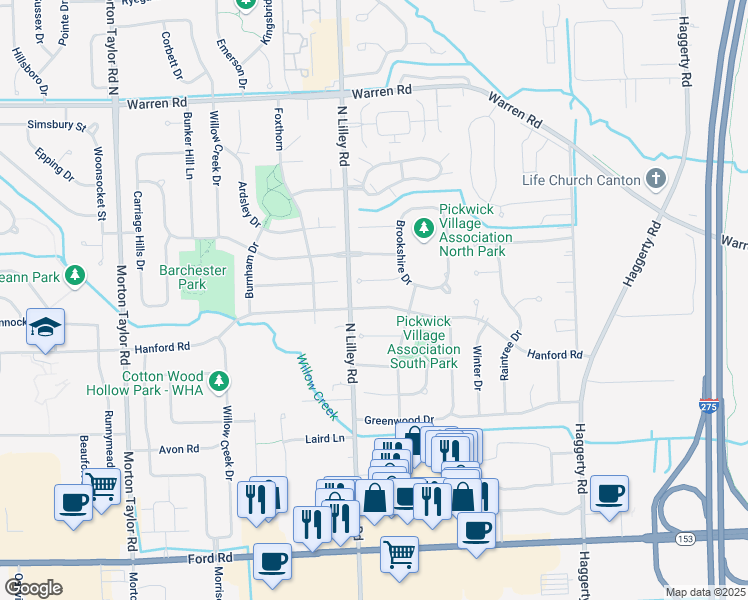 map of restaurants, bars, coffee shops, grocery stores, and more near 42278 Hanford Road in Canton