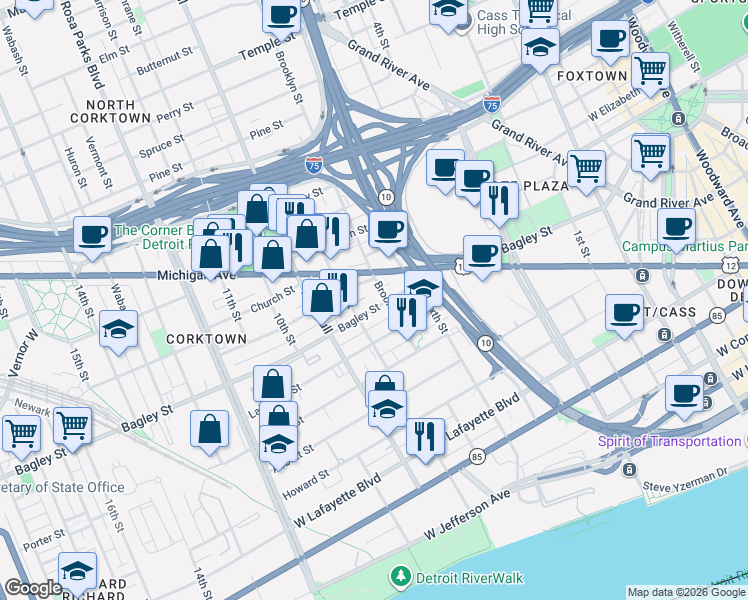 map of restaurants, bars, coffee shops, grocery stores, and more near 1365 Bagley Street in Detroit