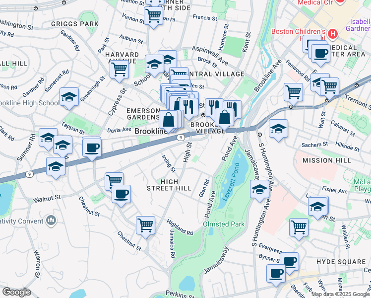 map of restaurants, bars, coffee shops, grocery stores, and more near 44 High Street in Brookline