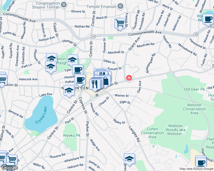 map of restaurants, bars, coffee shops, grocery stores, and more near 739 Beacon Street in Newton