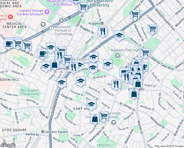 map of restaurants, bars, coffee shops, grocery stores, and more near 205 Roxbury Street in Boston
