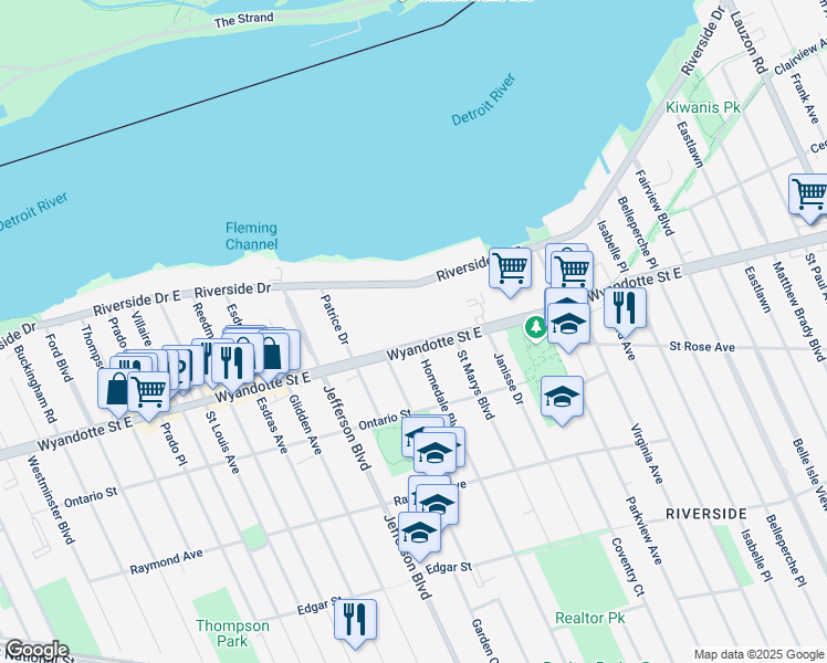 map of restaurants, bars, coffee shops, grocery stores, and more near 6400 Wyandotte Street East in Windsor