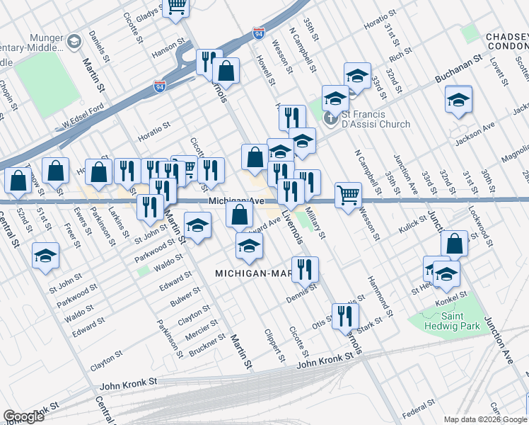 map of restaurants, bars, coffee shops, grocery stores, and more near 3918 Gilbert Street in Detroit