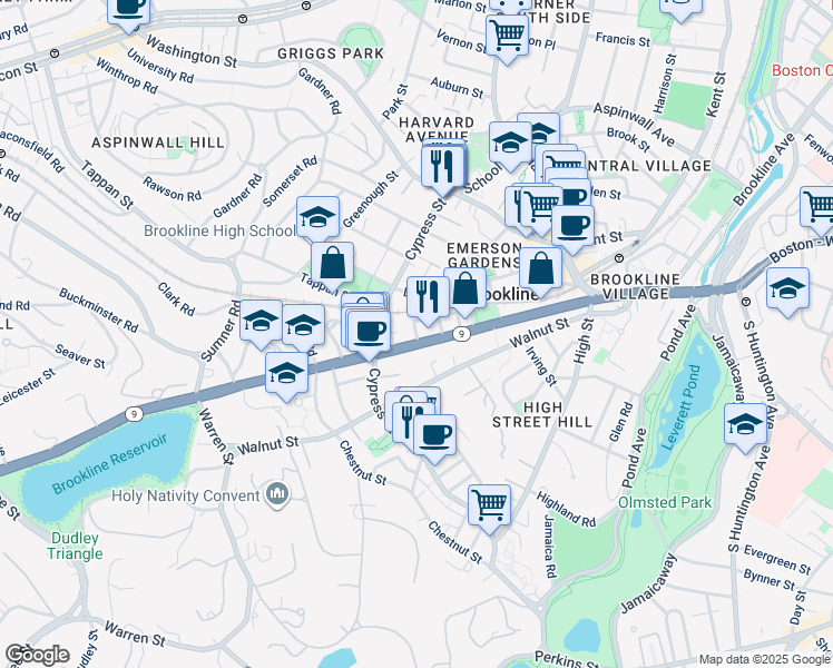 map of restaurants, bars, coffee shops, grocery stores, and more near 270 Boylston Street in Brookline