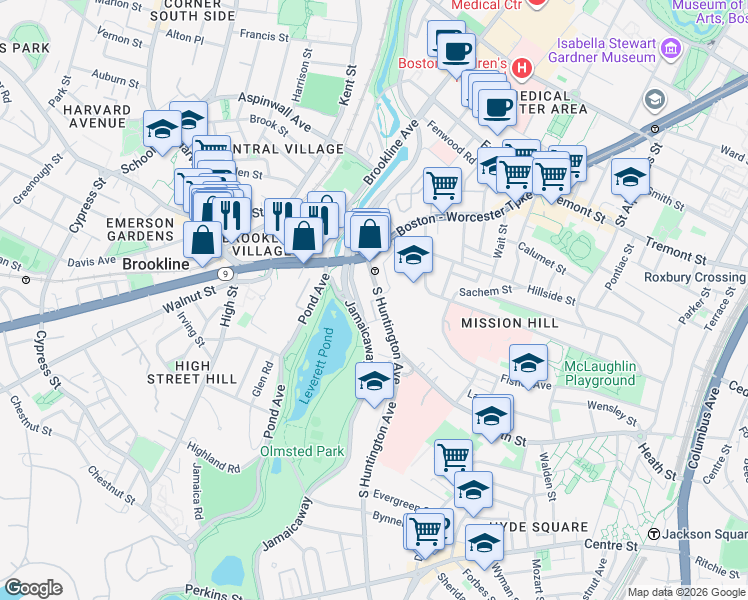 map of restaurants, bars, coffee shops, grocery stores, and more near 70 Jamaicaway in Boston