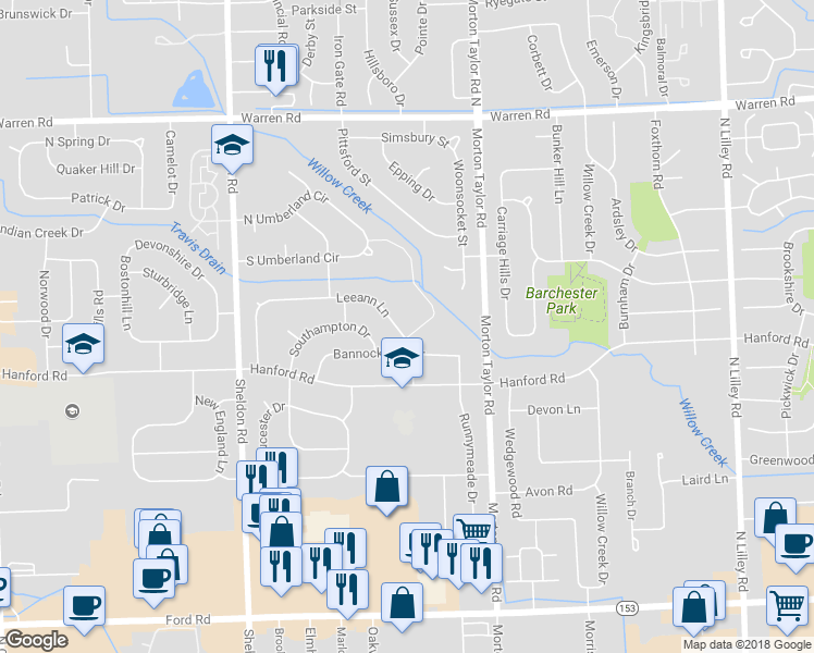 map of restaurants, bars, coffee shops, grocery stores, and more near 43754 Leeann Lane in Canton