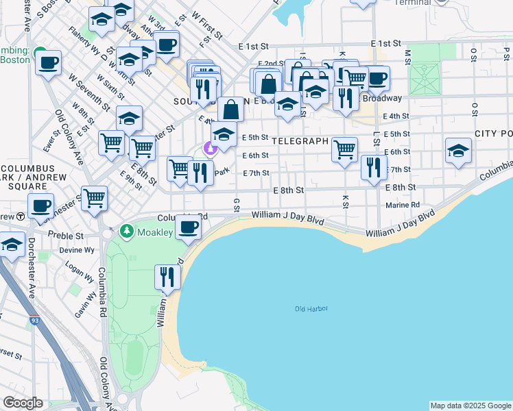 map of restaurants, bars, coffee shops, grocery stores, and more near 1424 Columbia Road in Boston