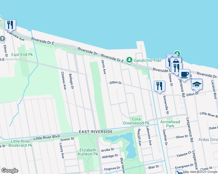 map of restaurants, bars, coffee shops, grocery stores, and more near 950 Jarvis Avenue in Windsor