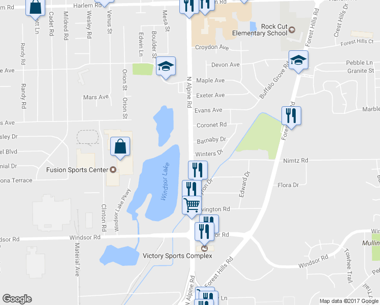 map of restaurants, bars, coffee shops, grocery stores, and more near 7328 North Alpine Road in Loves Park