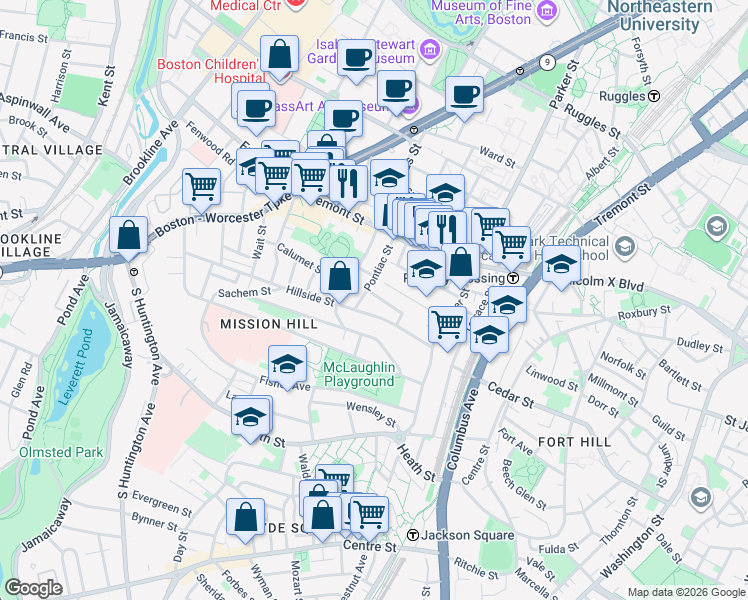 map of restaurants, bars, coffee shops, grocery stores, and more near 60 Hillside Street in Boston