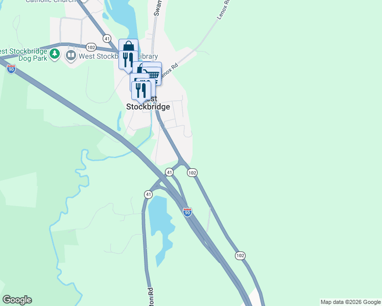 map of restaurants, bars, coffee shops, grocery stores, and more near 23 Stockbridge Road in West Stockbridge