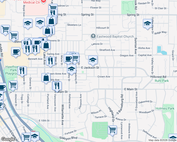 map of restaurants, bars, coffee shops, grocery stores, and more near 122 Oregon Terrace in Medford