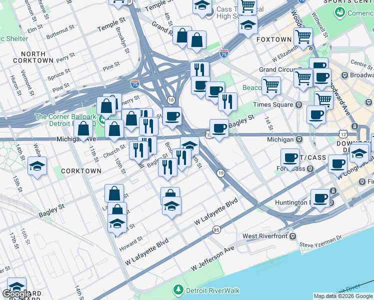 map of restaurants, bars, coffee shops, grocery stores, and more near 1535 Sixth Street in Detroit