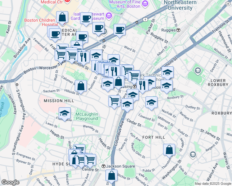map of restaurants, bars, coffee shops, grocery stores, and more near 743 Parker Street in Boston