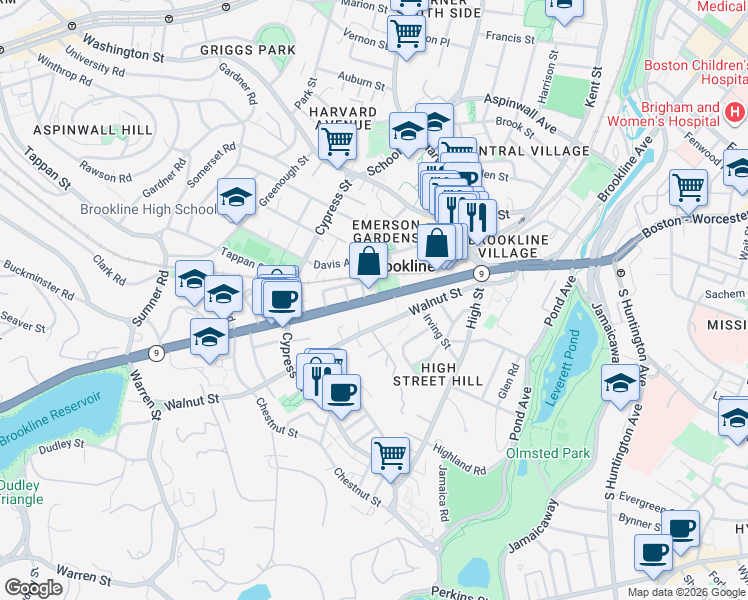 map of restaurants, bars, coffee shops, grocery stores, and more near 202 Boylston Street in Brookline