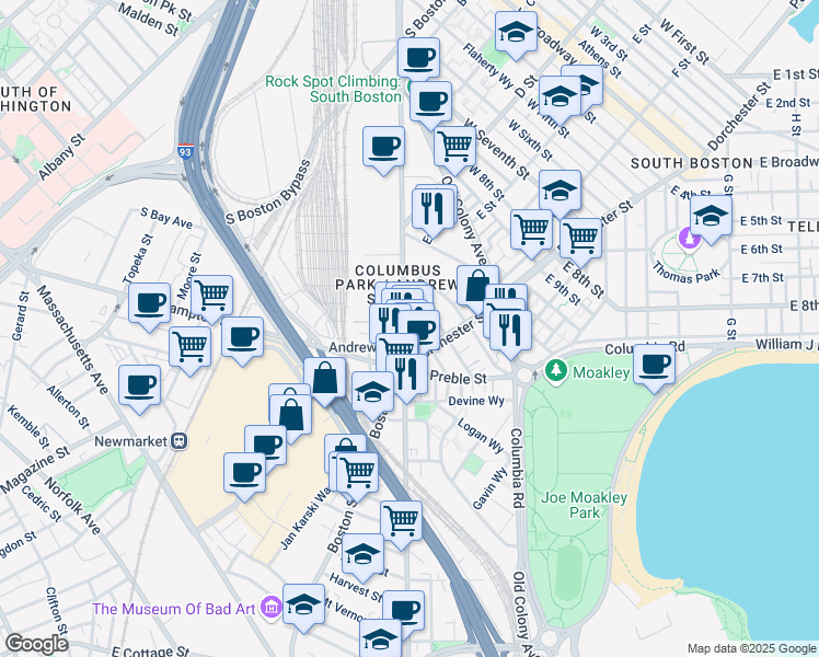 map of restaurants, bars, coffee shops, grocery stores, and more near 550 Dorchester Avenue in Boston
